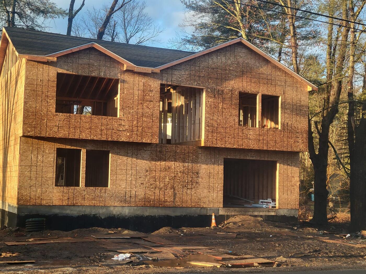 New construction home framing with sheathing